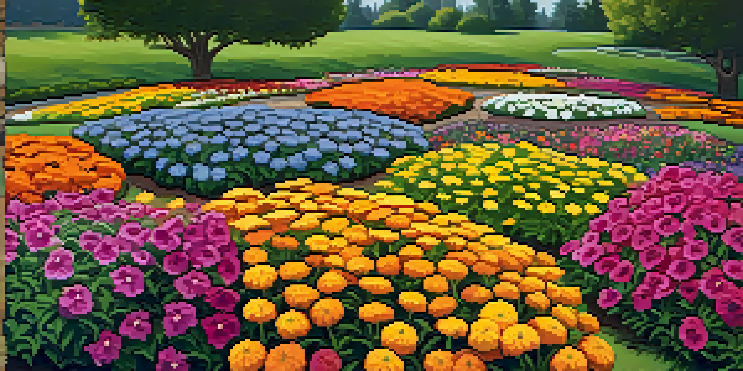A colorful flower bed with marigolds and petunias, bordered by stones and covered with mulch, under a clear blue sky.