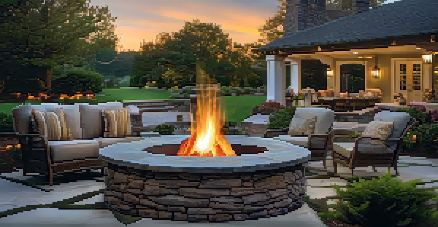 A cozy outdoor setting with a stone fire pit surrounded by seating and a lush garden.