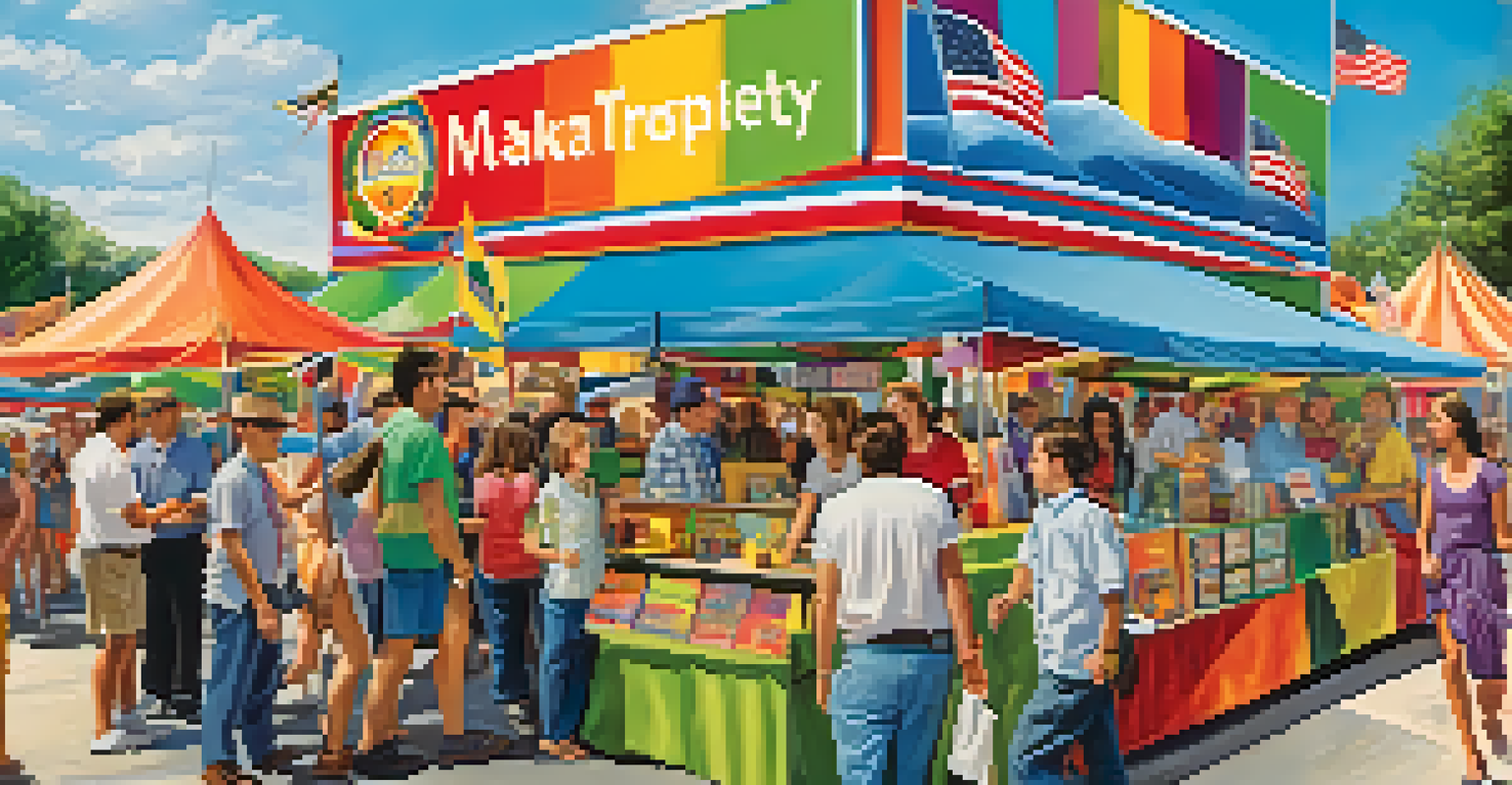 A lively outdoor real estate booth at a fair, with people engaging and colorful banners.