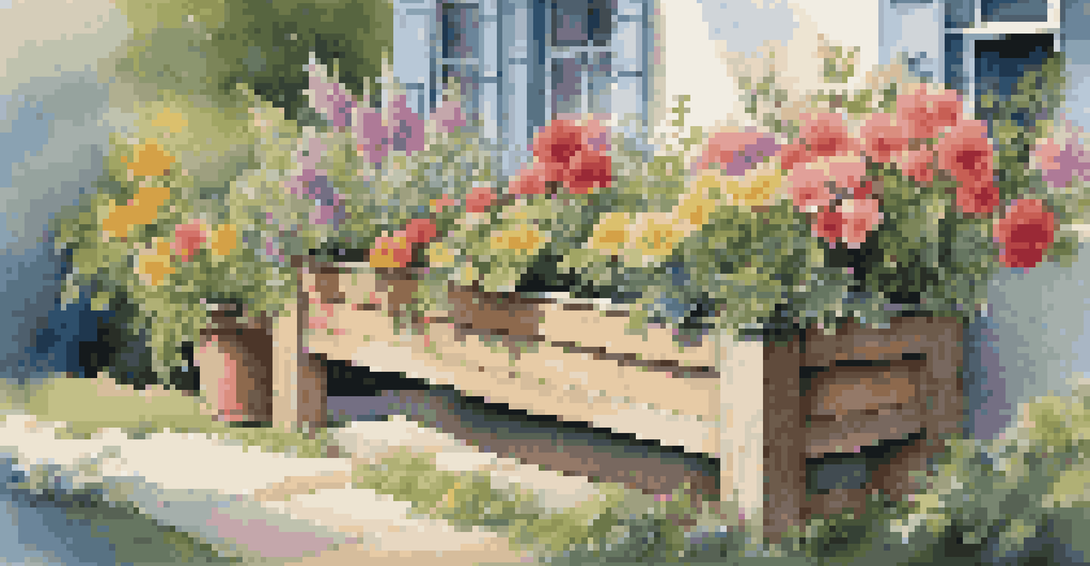 An outdoor garden with wooden planter boxes filled with colorful flowers, a clear sky, and sunlight casting shadows.