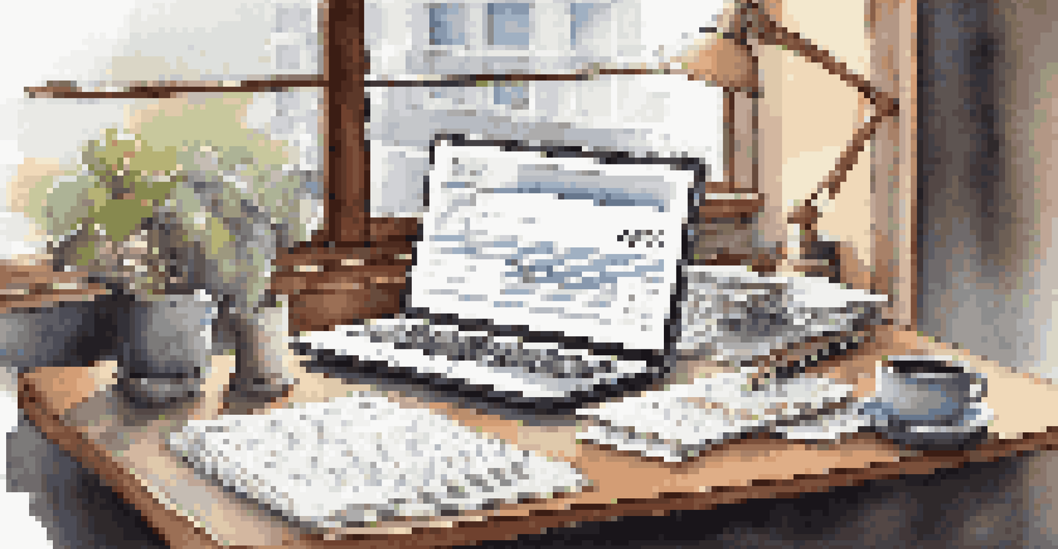 An office desk with a laptop, real estate documents, and a cup of coffee.