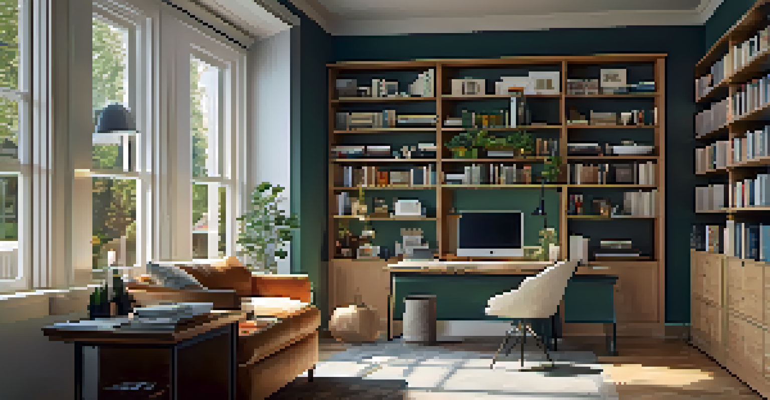 A cozy open concept home office area seamlessly integrated into a living room, filled with natural light.
