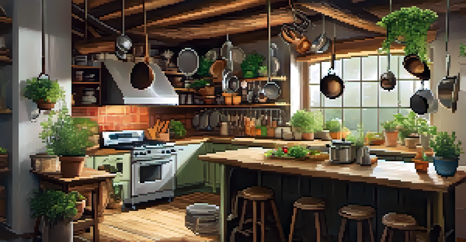 A rustic kitchen with a wooden ladder used as a pot rack, displaying pots and herbs.