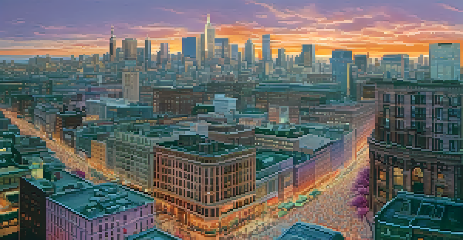 An aerial view of a city skyline at sunset, featuring skyscrapers and historic buildings with a colorful sky.