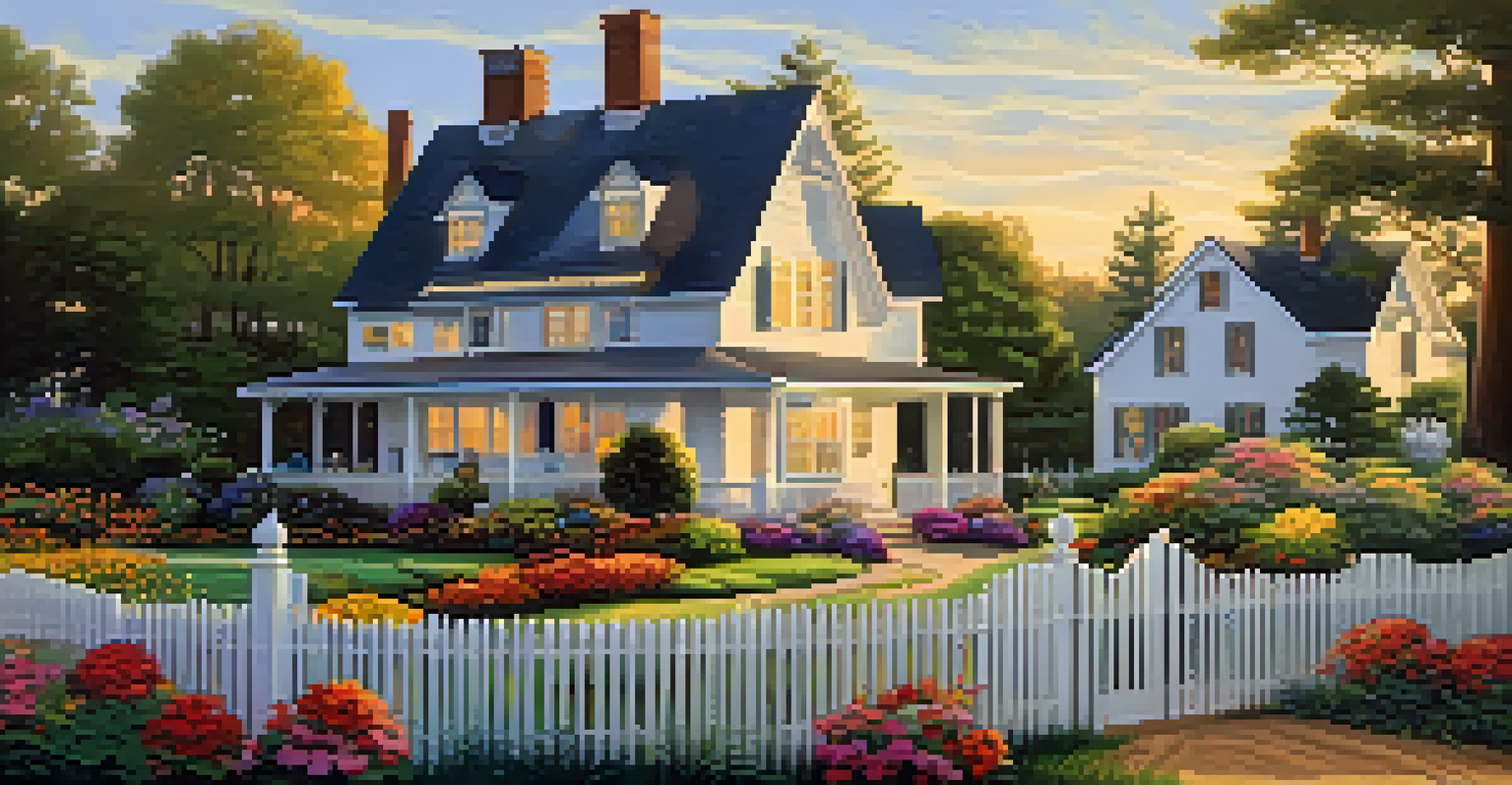 A picturesque outdoor property featuring a garden with flowers, a white fence, and a charming house during sunset.