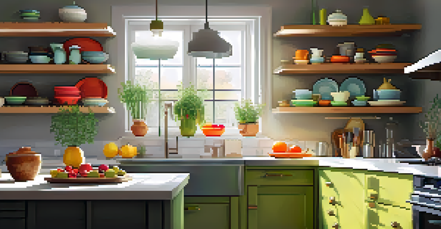 A modern kitchen with organized open shelving displaying colorful dishes and plants, illuminated by soft sunlight.