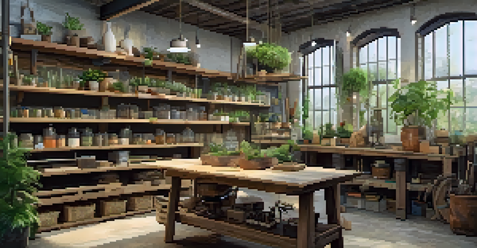 Artisan workshop filled with sustainable materials like reclaimed wood furniture and recycled metal decor, bathed in natural light.