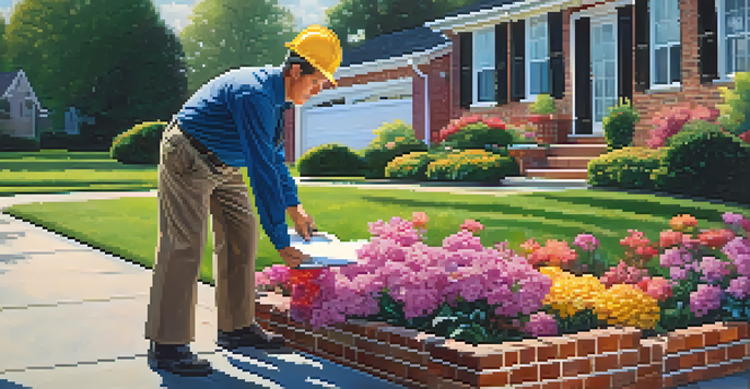 A professional inspector examines a residential property, looking at the foundation, surrounded by a well-kept lawn and colorful flowers.