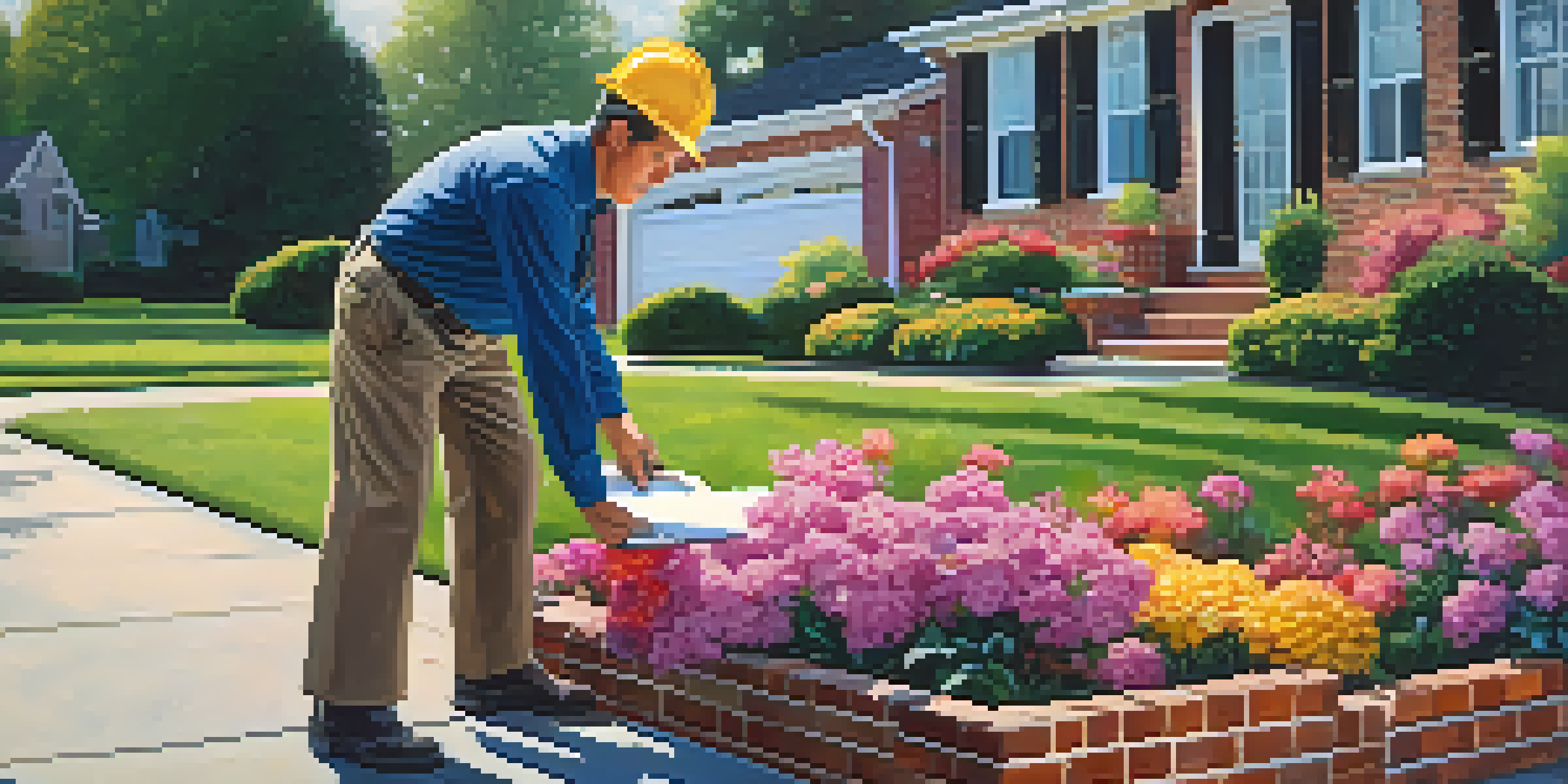 A professional inspector examines a residential property, looking at the foundation, surrounded by a well-kept lawn and colorful flowers.