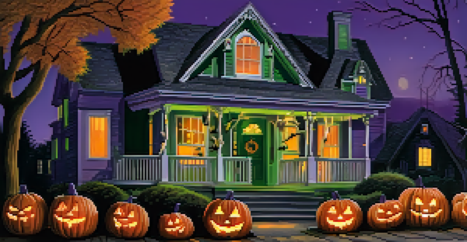 A house decorated for Halloween with spooky lights and jack-o-lanterns on the porch.