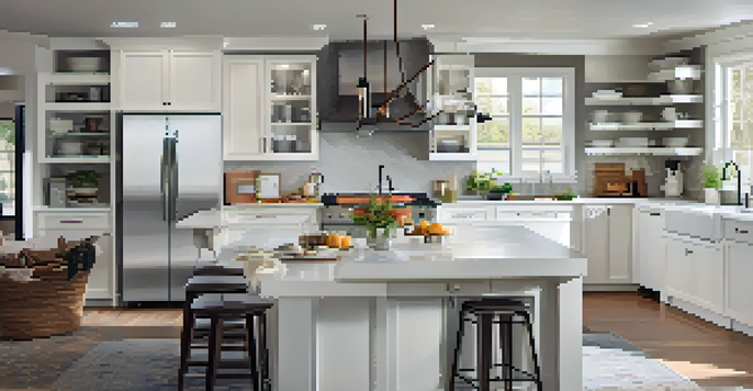 A bright and modern kitchen featuring white cabinets, an island, and natural light from a window.