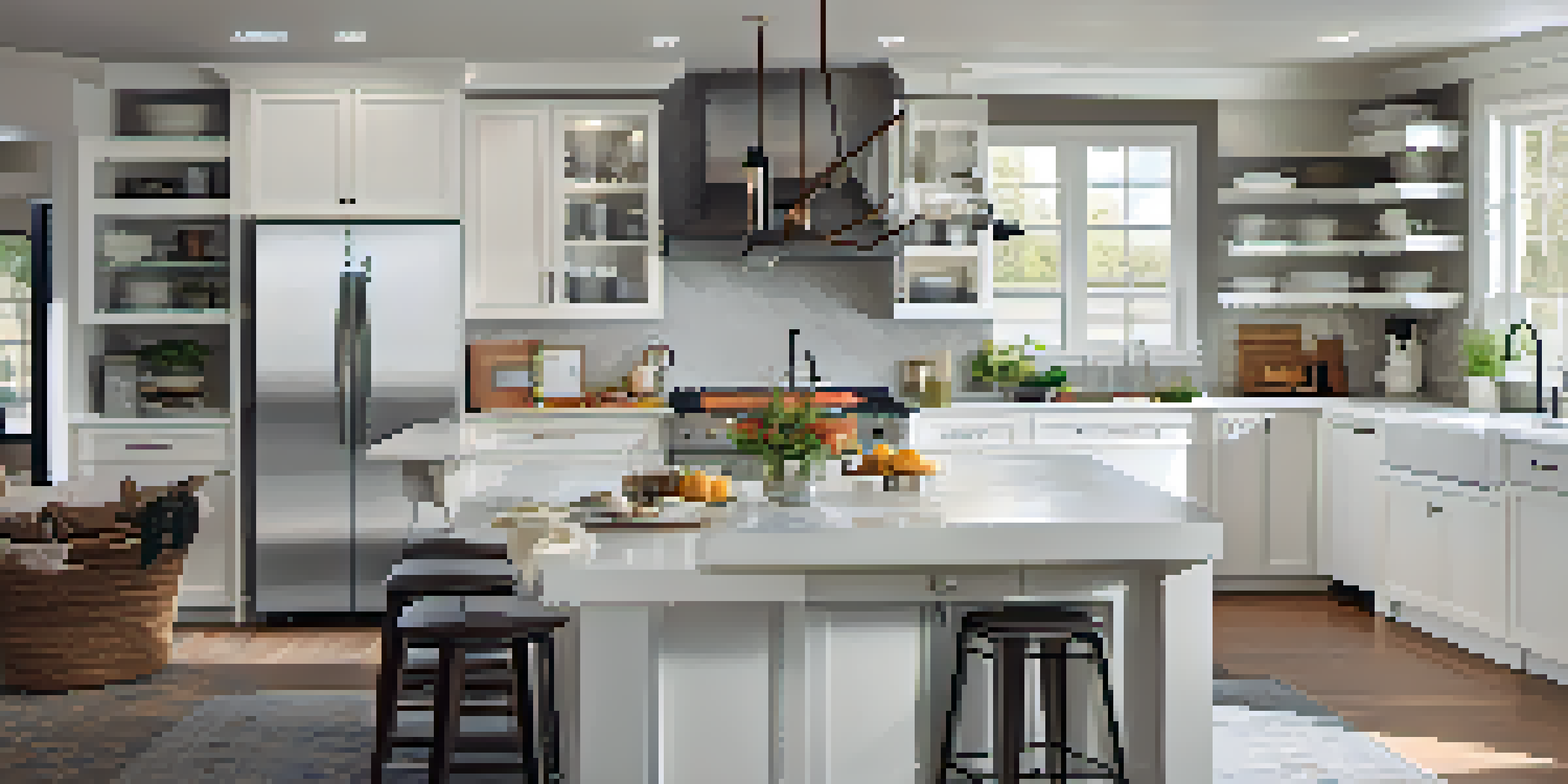 A bright and modern kitchen featuring white cabinets, an island, and natural light from a window.