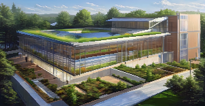 A construction site with rainwater harvesting systems, featuring green roofs and gutters collecting rainwater under a sunny sky.