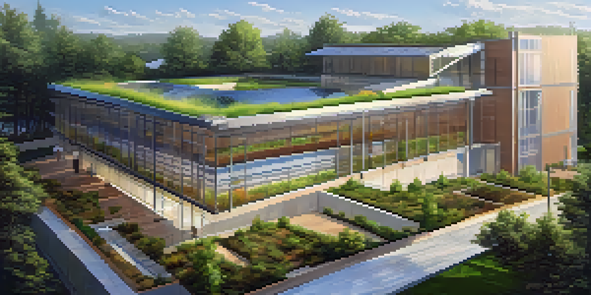 A construction site with rainwater harvesting systems, featuring green roofs and gutters collecting rainwater under a sunny sky.