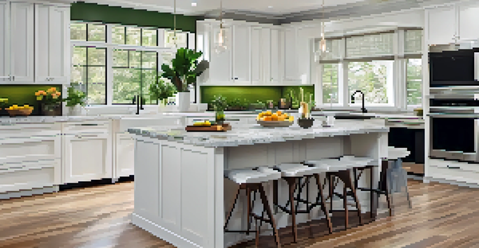 A renovated kitchen with white cabinets, granite island, stainless steel appliances, and large windows letting in natural light.