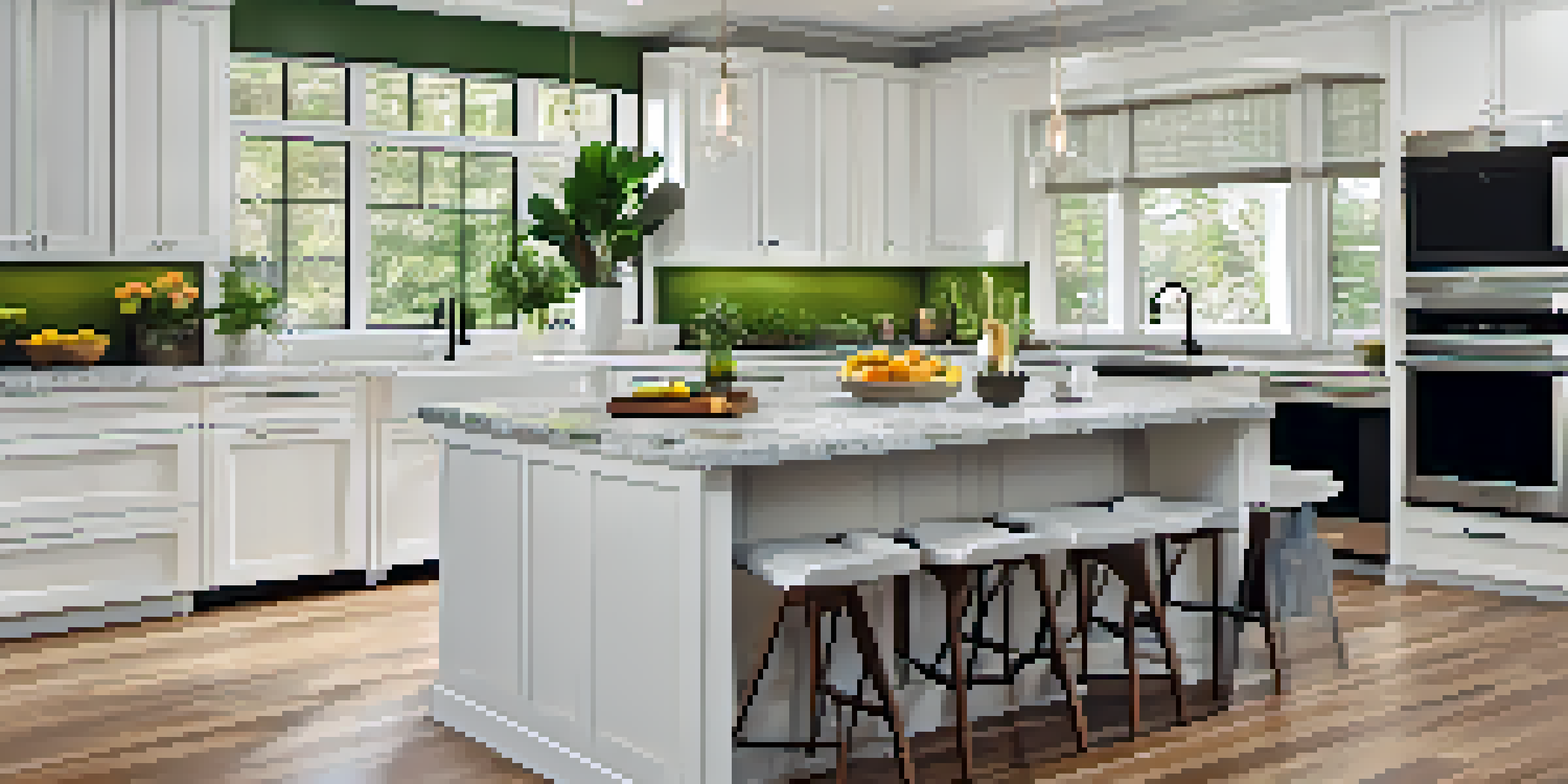 A renovated kitchen with white cabinets, granite island, stainless steel appliances, and large windows letting in natural light.