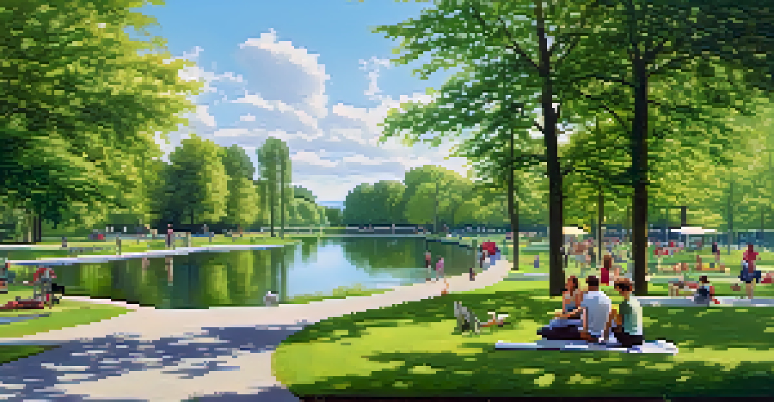 A serene park in Germany with lush greenery, walking paths, a lake, and families enjoying picnics under blue skies.