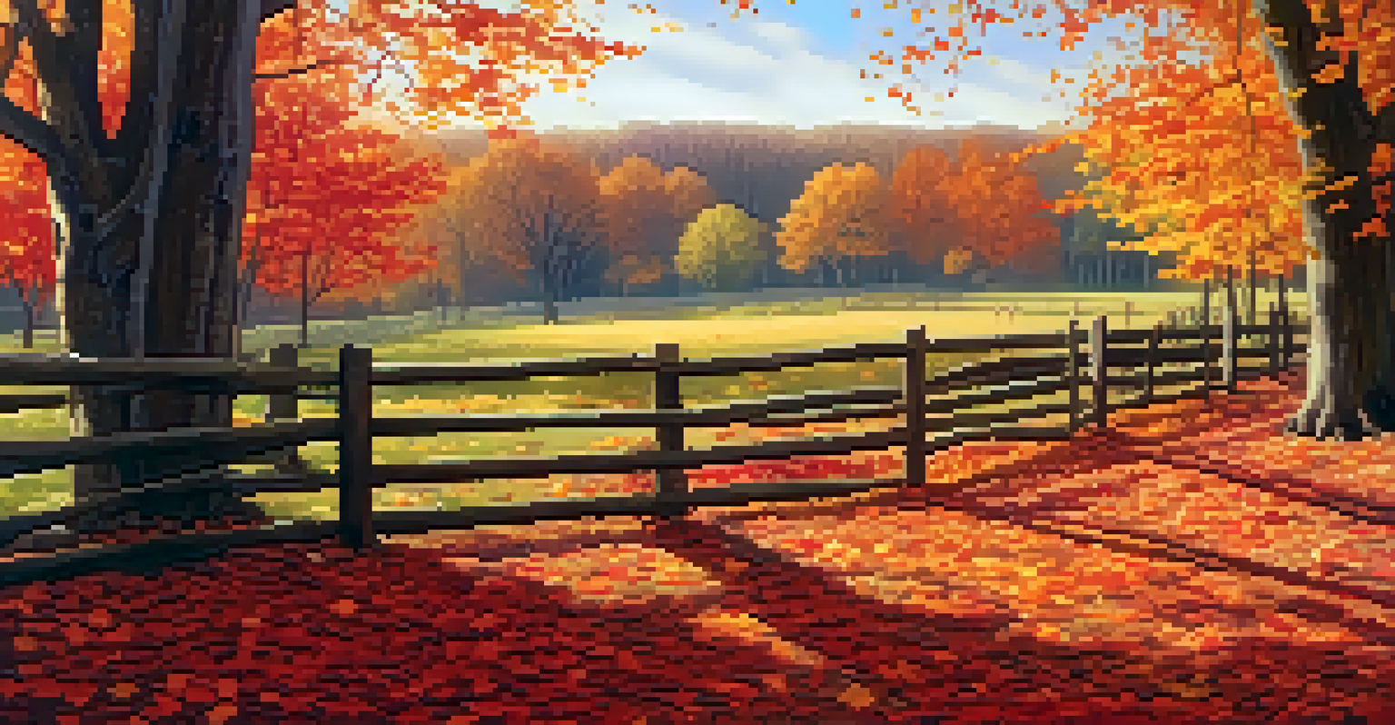 An autumn landscape with trees displaying vibrant red, orange, and yellow leaves, a carpet of fallen leaves, and a warm sunlight glow.