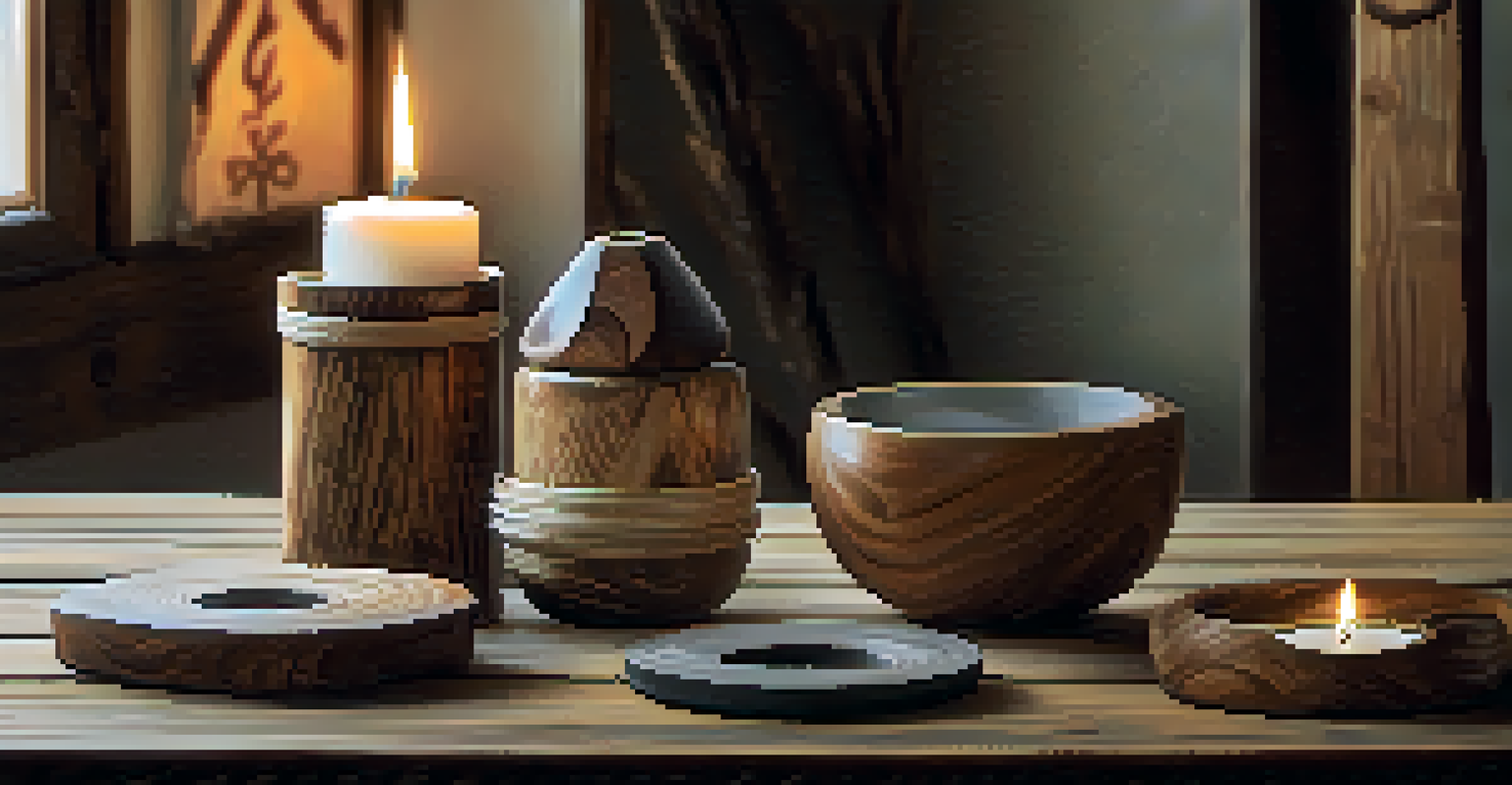 An artistic arrangement of wooden accessories like coasters and candle holders on a rustic wooden table with soft lighting.