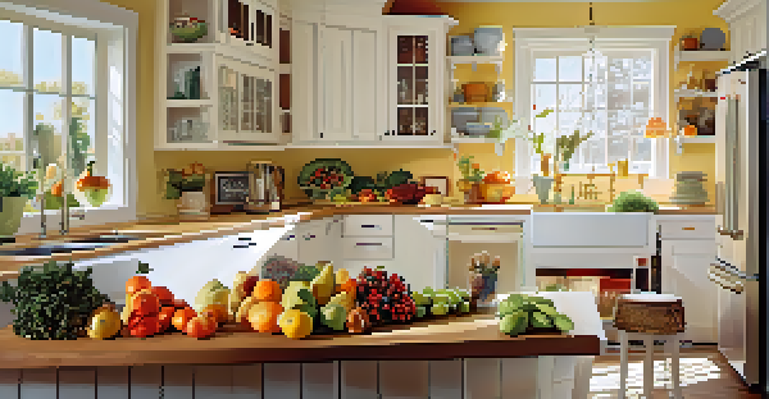A bright and modern kitchen with white cabinets, an island, and fresh ingredients on the counter.