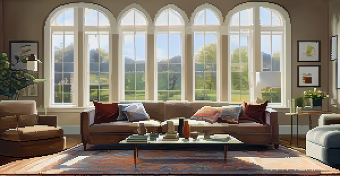 A warm and inviting living room with a modern sofa, coffee table, and large window.
