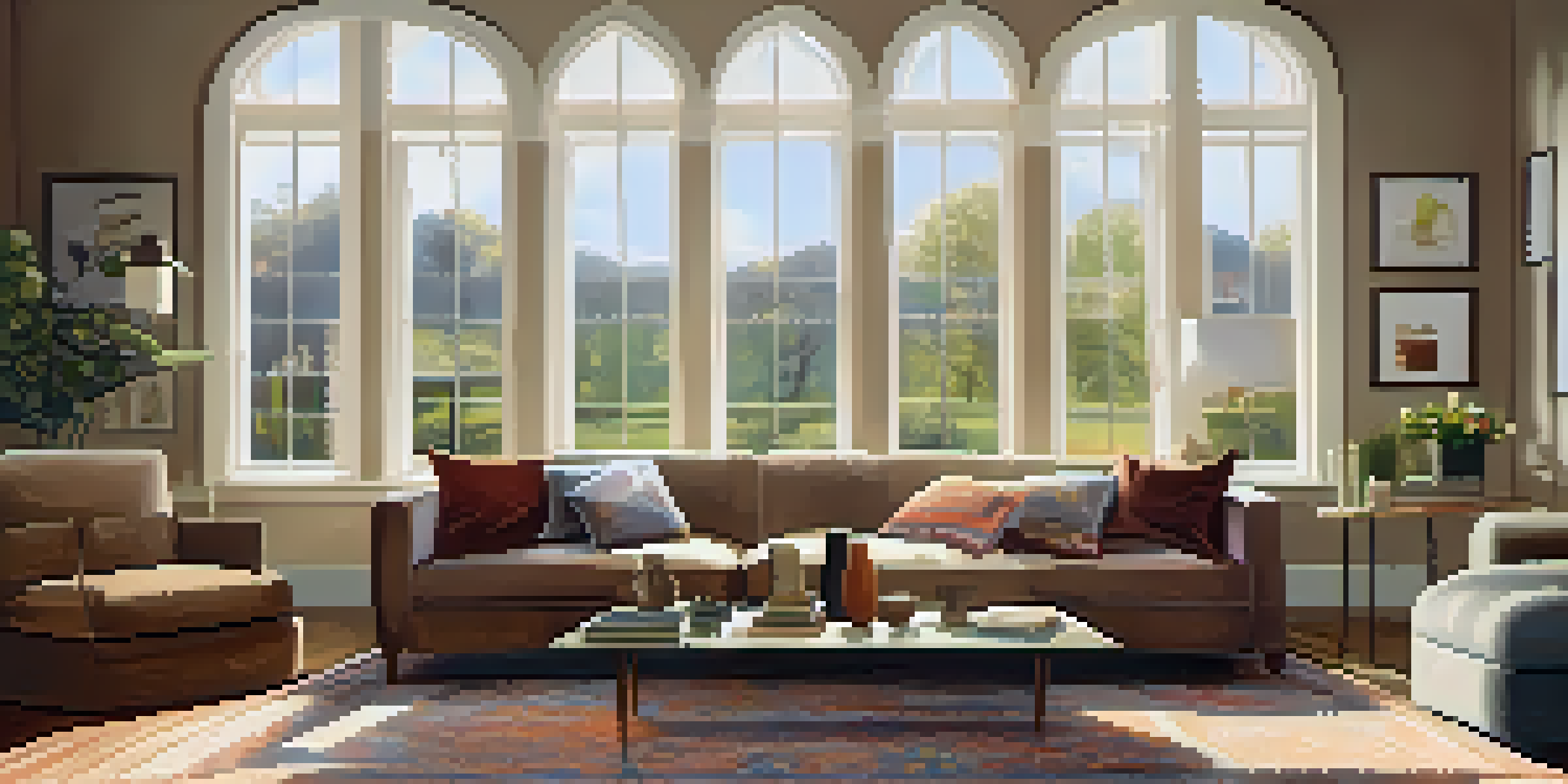 A warm and inviting living room with a modern sofa, coffee table, and large window.