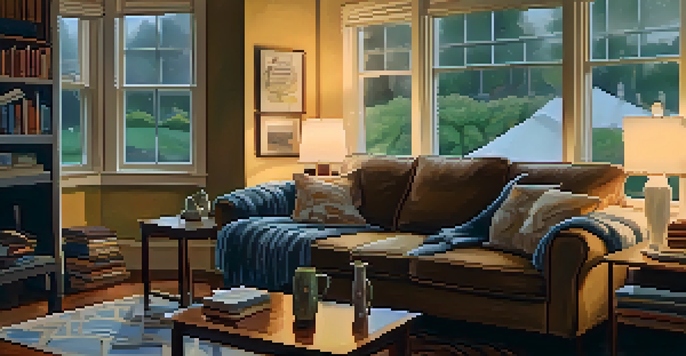 A warm and inviting living room with a sofa, coffee table, and soft lighting, depicting a cozy atmosphere on a rainy day.