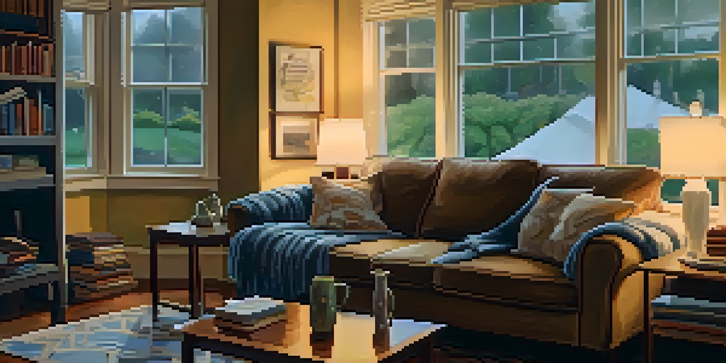 A warm and inviting living room with a sofa, coffee table, and soft lighting, depicting a cozy atmosphere on a rainy day.