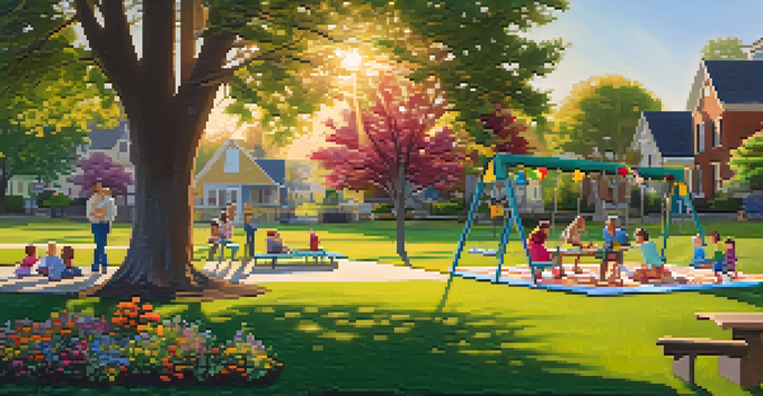 A neighborhood park with families picnicking, children playing on swings, and colorful flowers under a warm sunset.
