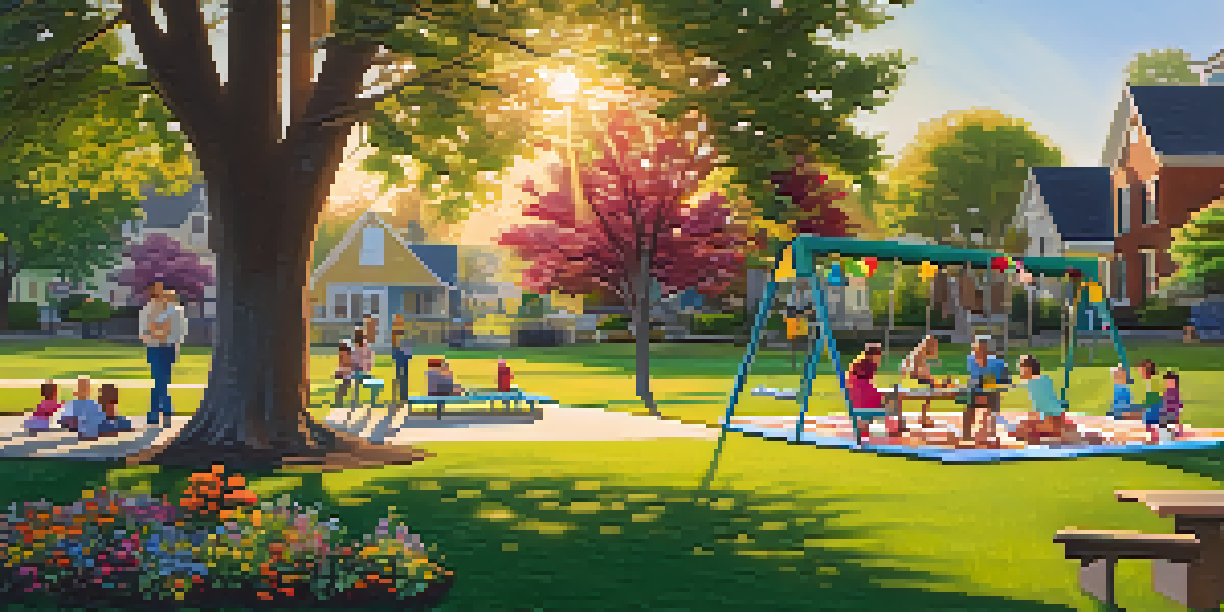 A neighborhood park with families picnicking, children playing on swings, and colorful flowers under a warm sunset.