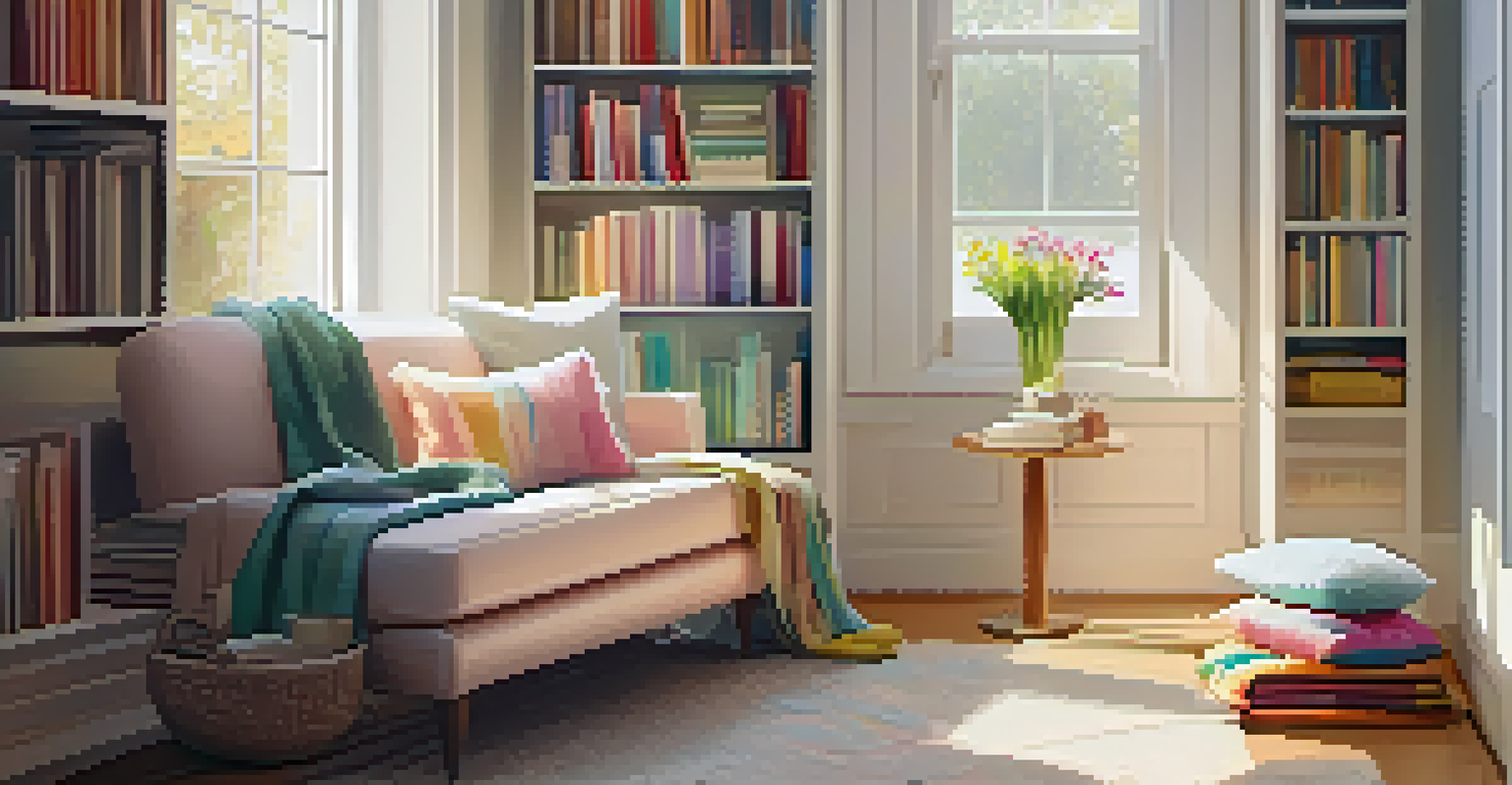 A bright and inviting nook decorated with pastel cushions and fresh flowers for spring.