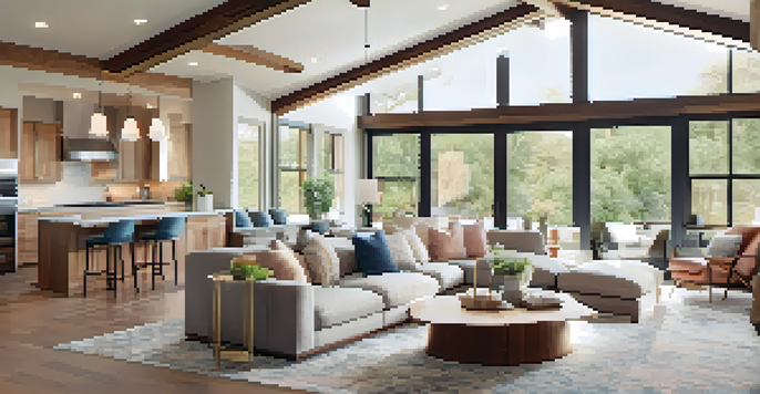 A spacious living area with a sectional sofa, coffee table, and large windows that let in natural light. Pendant lights illuminate the dining area.