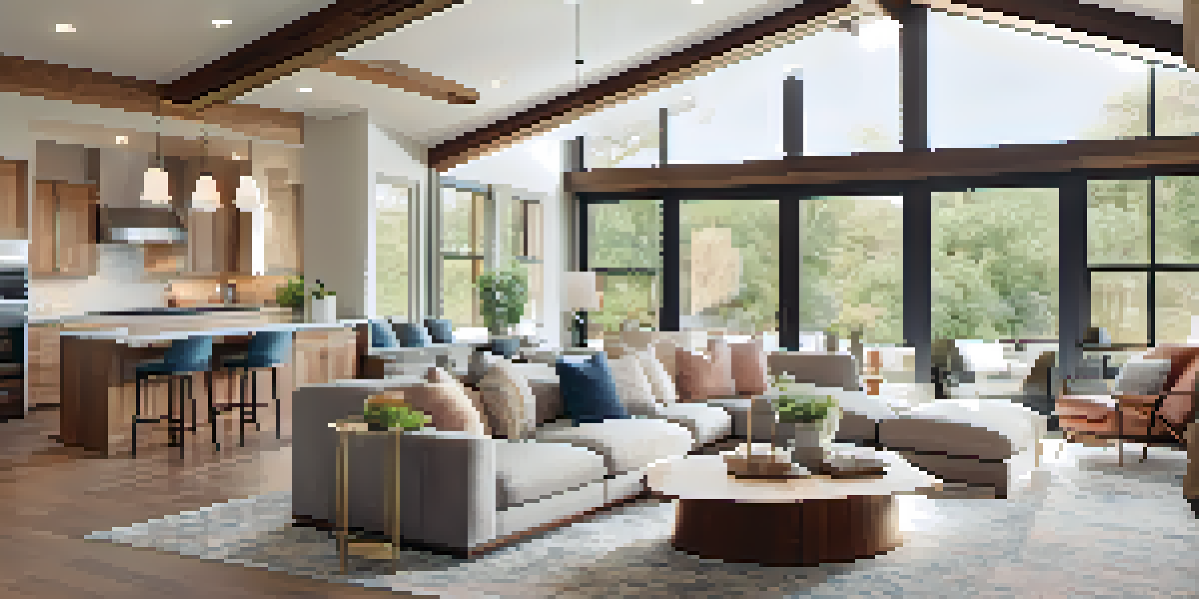A spacious living area with a sectional sofa, coffee table, and large windows that let in natural light. Pendant lights illuminate the dining area.