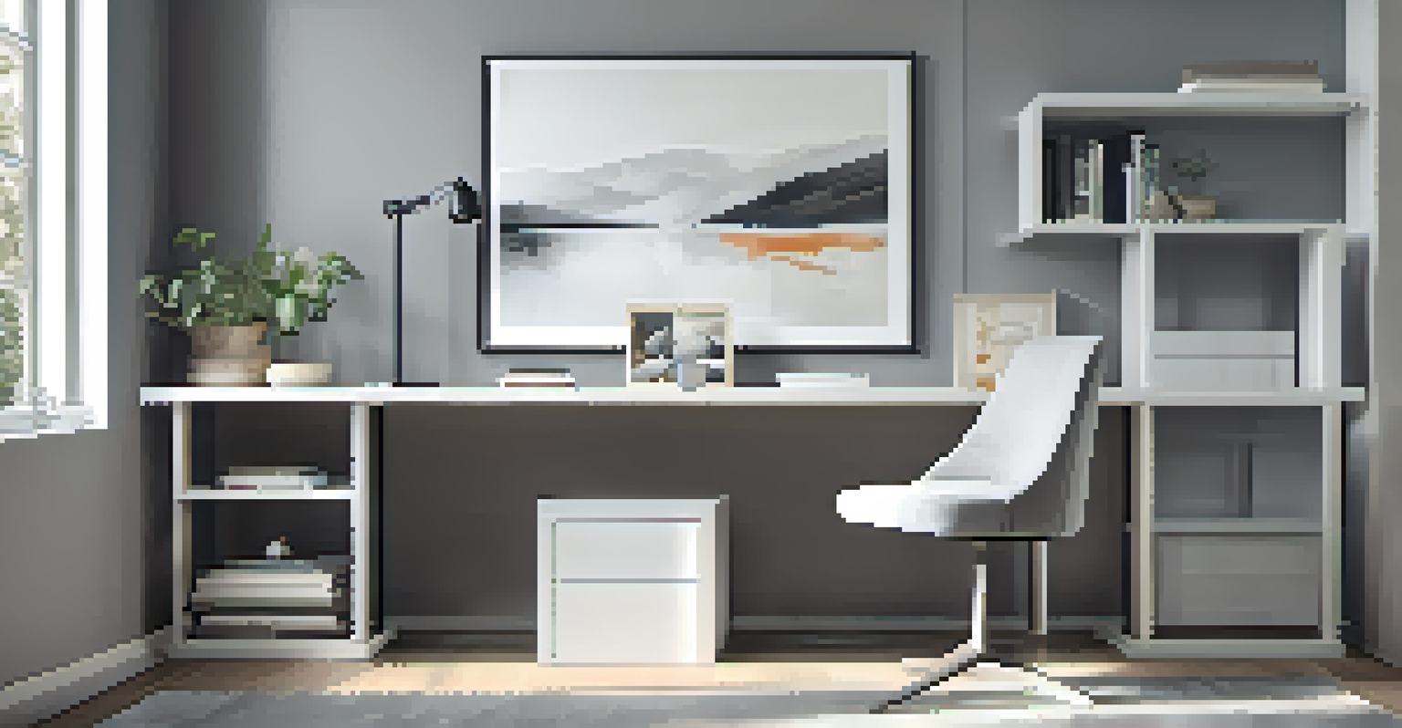 A modern workspace with a sleek modular desk and minimalist decor, illuminated by natural light.