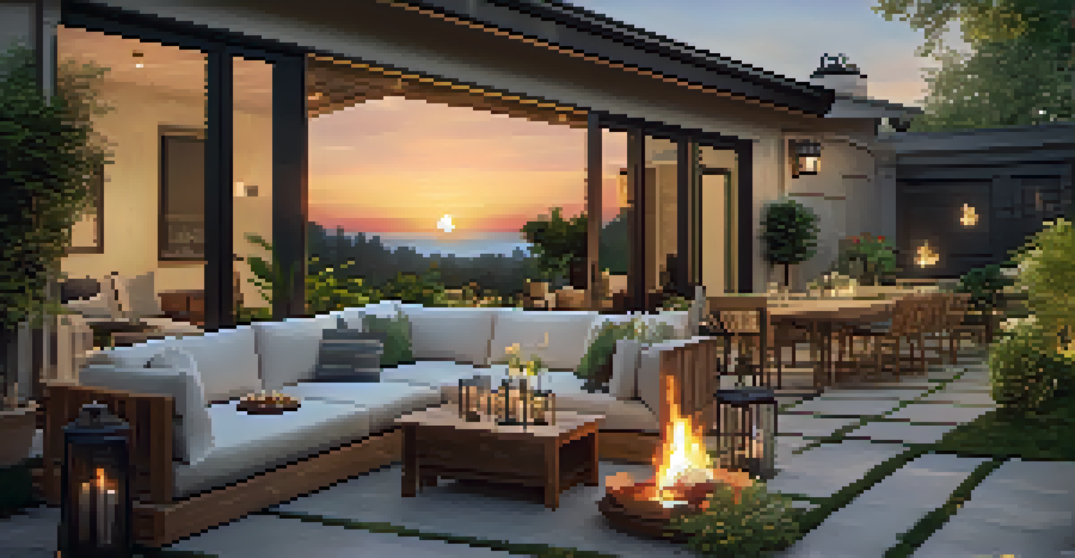 A serene outdoor patio with a fire pit, comfortable seating, and a dining table, surrounded by greenery at sunset.