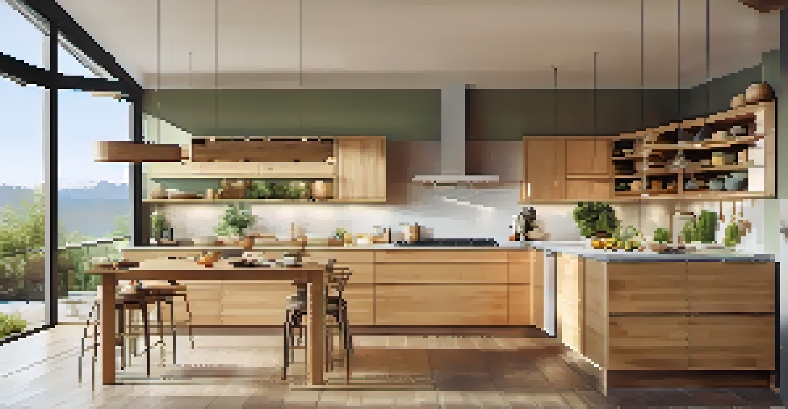 A modern eco-friendly kitchen with bamboo cabinets and natural light streaming in.