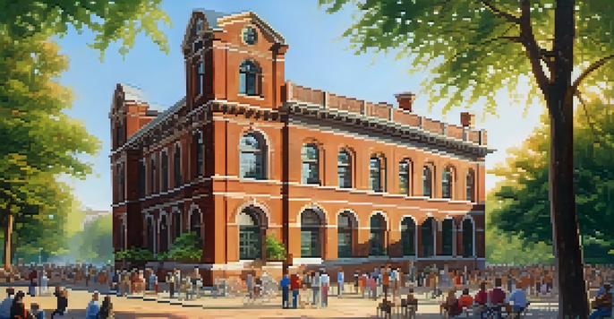 A historic brick building surrounded by greenery with people enjoying a cultural event in the foreground.