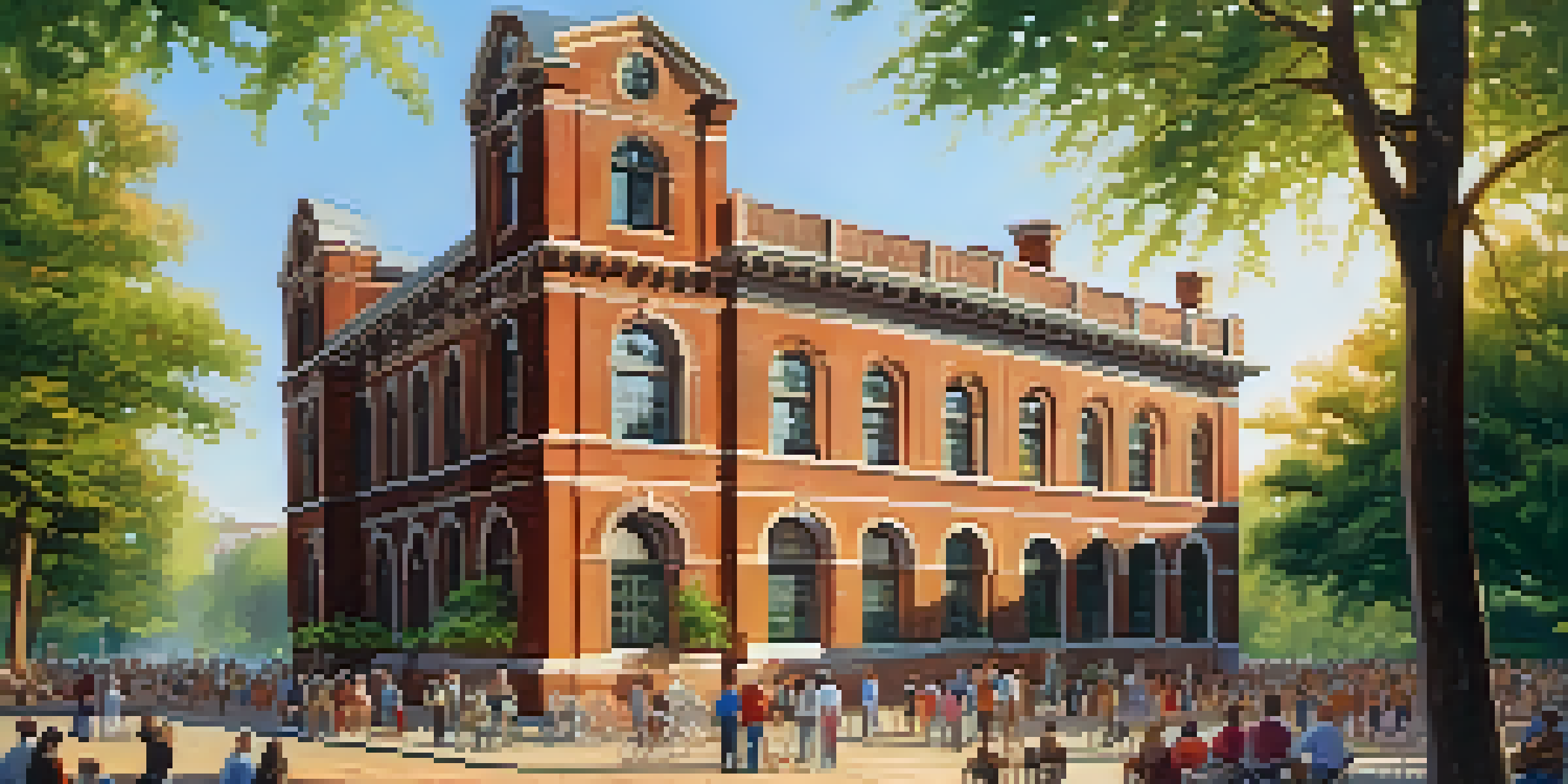 A historic brick building surrounded by greenery with people enjoying a cultural event in the foreground.
