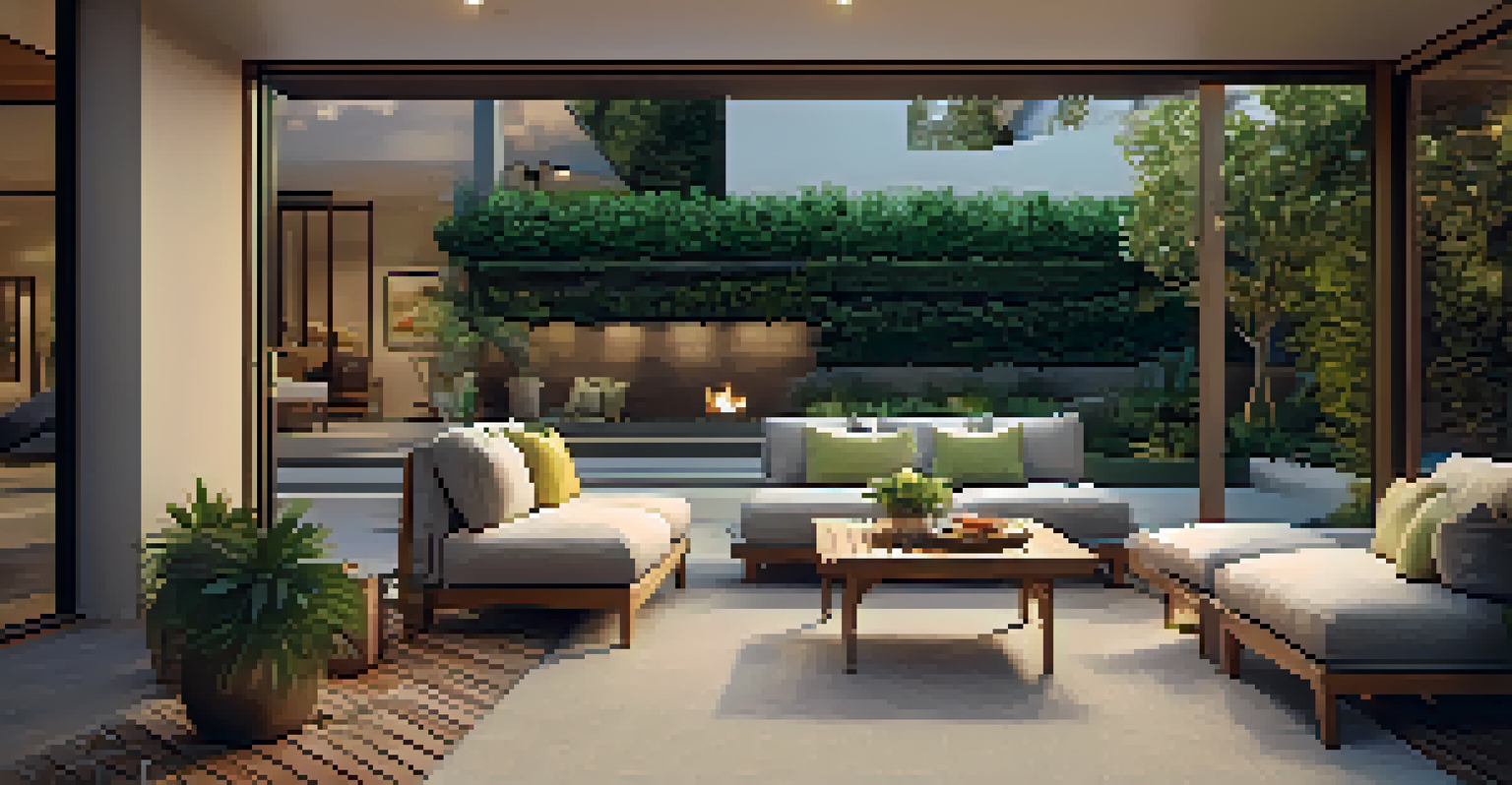 A stylish outdoor patio with comfortable seating and a large door connecting to the indoor space, surrounded by greenery.