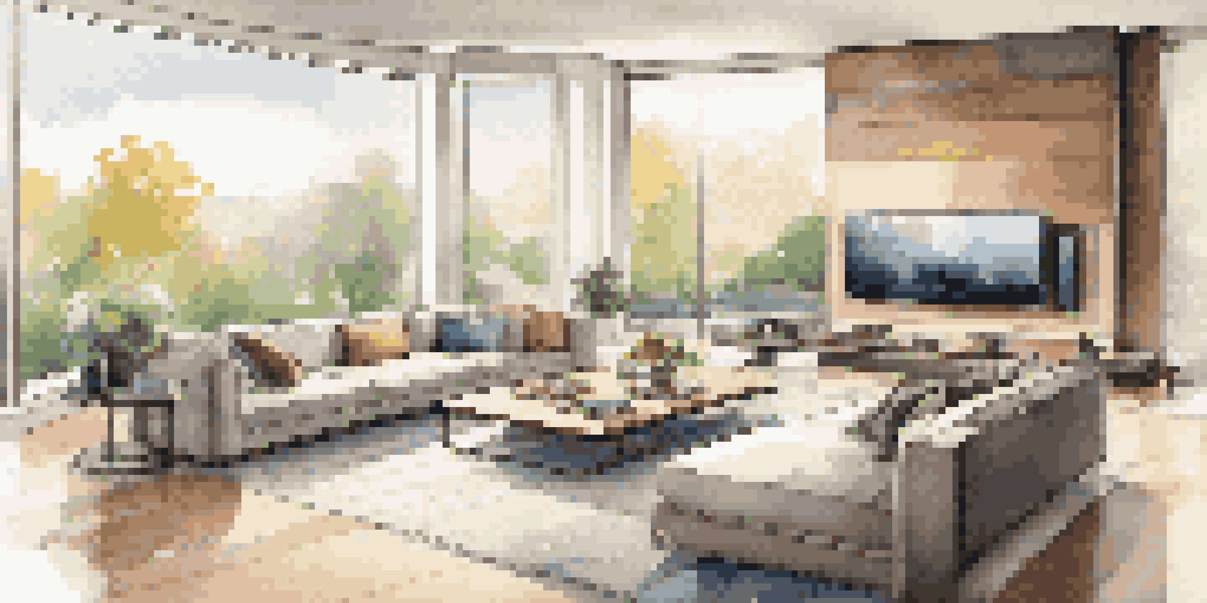 A stylish living room with modern furniture and smart home technology, including automated lighting and a tablet for home control.