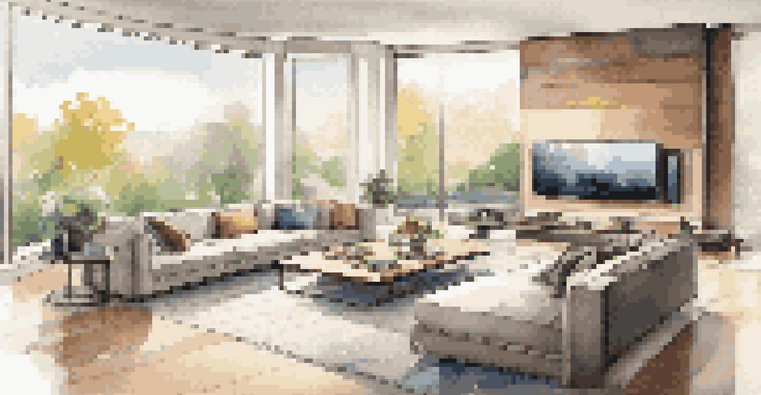 A stylish living room with modern furniture and smart home technology, including automated lighting and a tablet for home control.