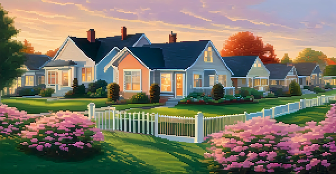 A peaceful neighborhood with various homes and families enjoying the outdoors during sunset.