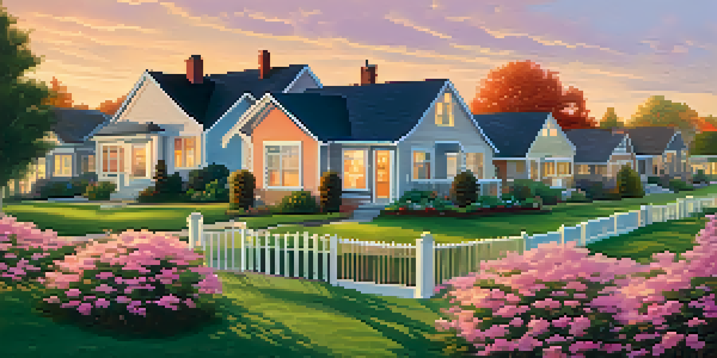 A peaceful neighborhood with various homes and families enjoying the outdoors during sunset.