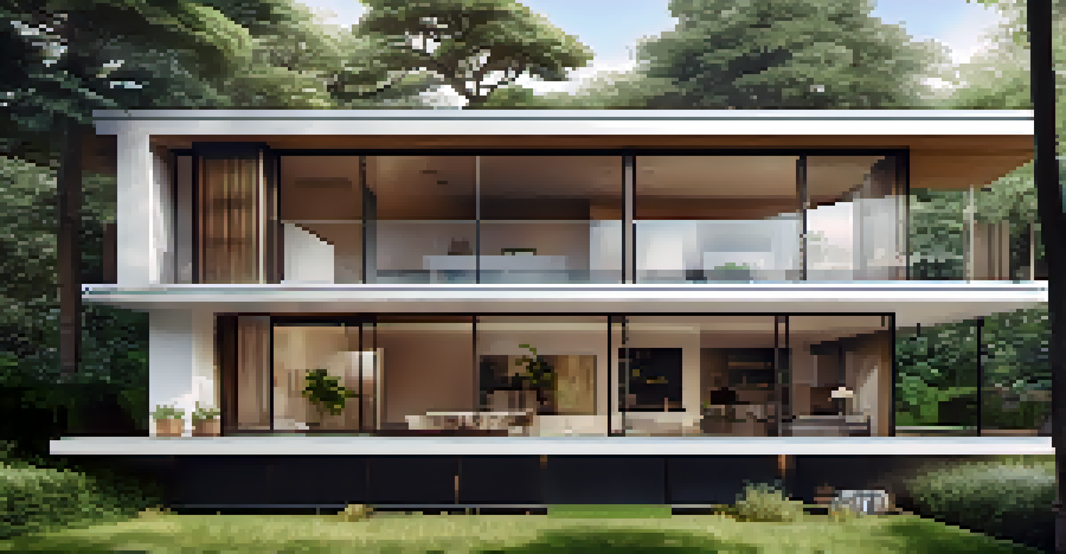 A house with windows on opposite sides for cross-ventilation, surrounded by greenery and shaded areas, emphasizing natural airflow.