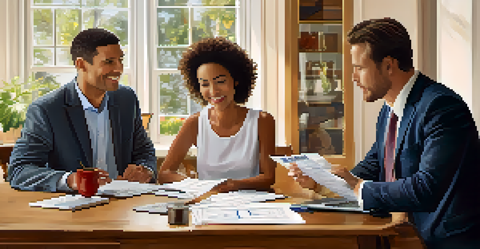 A real estate agent discussing closing costs with a couple at a dining table, surrounded by paperwork and a laptop.