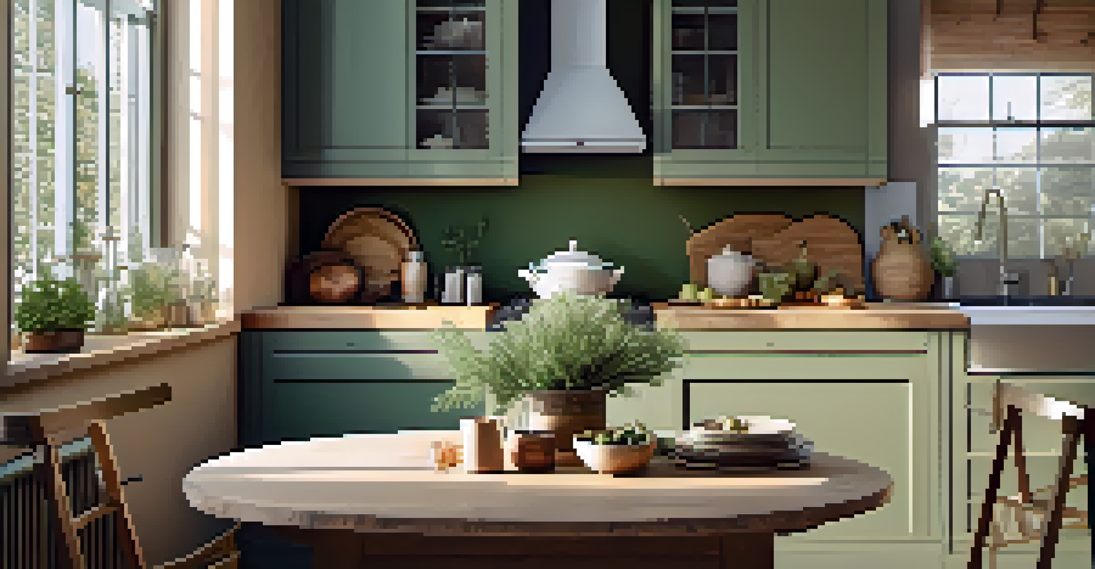 A cozy kitchen with sage green cabinets, a wooden dining table with fresh flowers, and warm neutral tones.