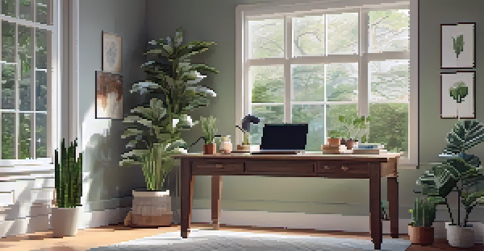 A cozy home office with a wooden desk, laptop, and houseplants, bathed in natural light from large windows.