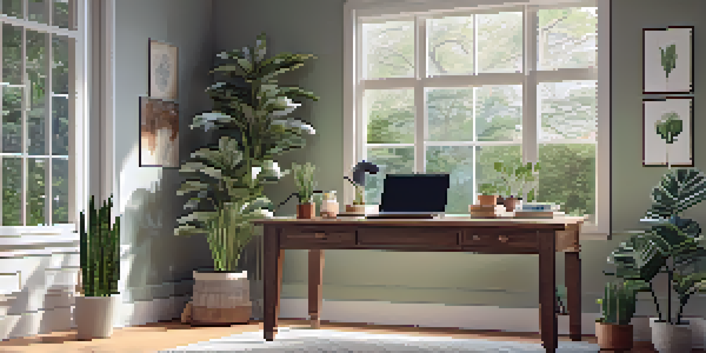 A cozy home office with a wooden desk, laptop, and houseplants, bathed in natural light from large windows.