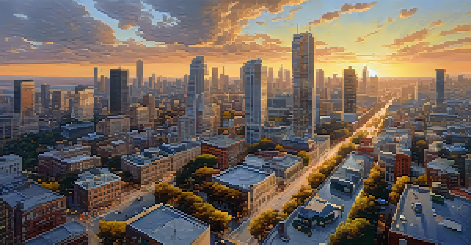 A vibrant cityscape at sunset, showcasing skyscrapers and busy streets, illuminated by the golden light of the setting sun.