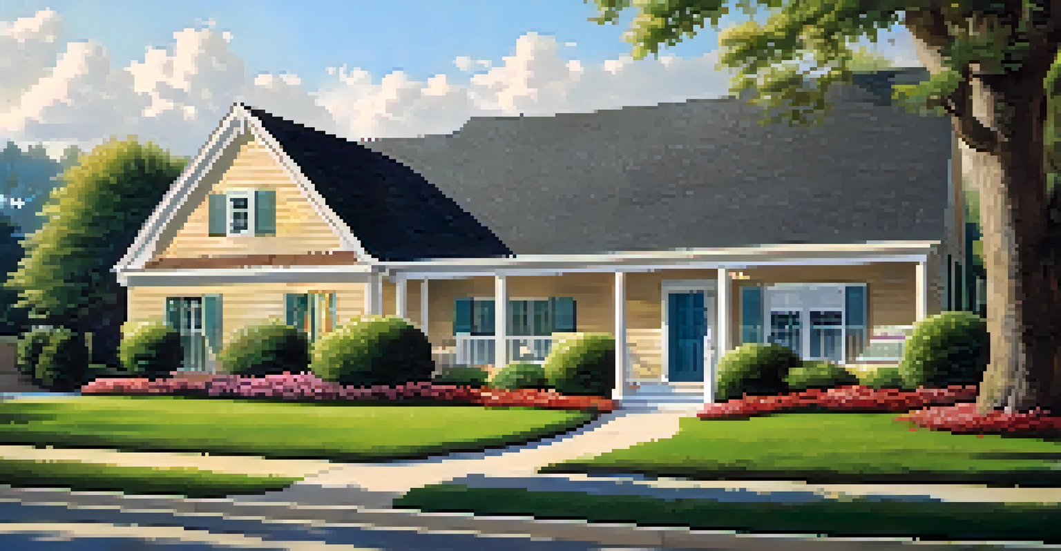 A charming two-story rental house with a manicured lawn, blooming flowers, and a 'For Rent' sign in the yard, illuminated by afternoon sunlight.